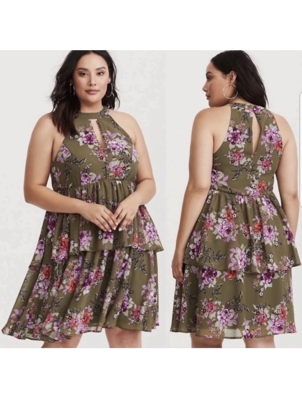 Plus Size Olive Green Floral Tiered Halter Dress Torrid size 4